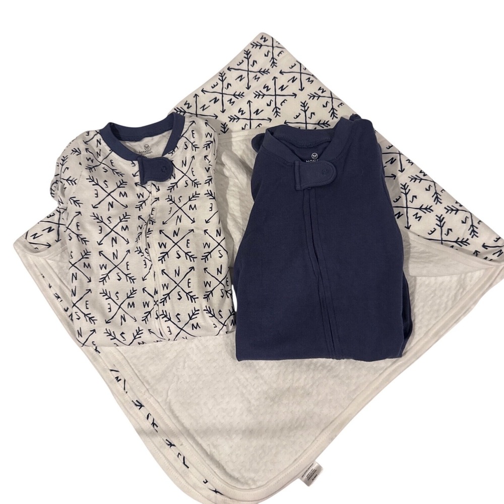 Honest Baby Clothing 3PC Organic Cotton Sleeper Set Navy Compass 3-6 Months